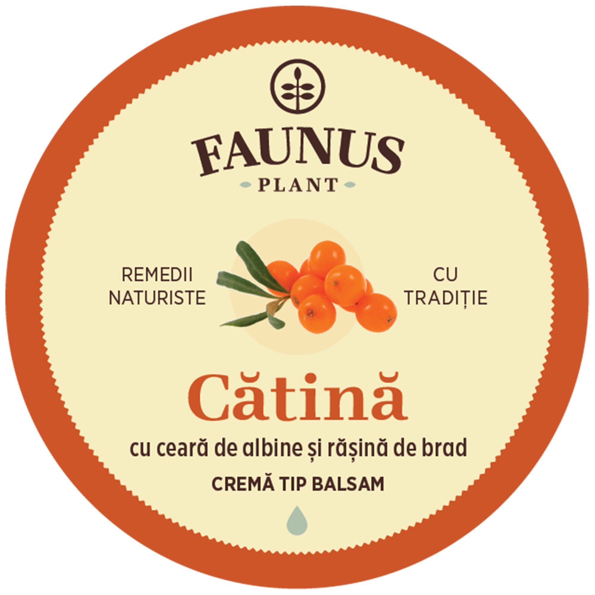 Imagine detaliată a capacului unguentului, evidențiind designul grafic al etichetei cu fructe de cătină. Cu ceară de albine și rășină de brad. Cremă tip balsam.