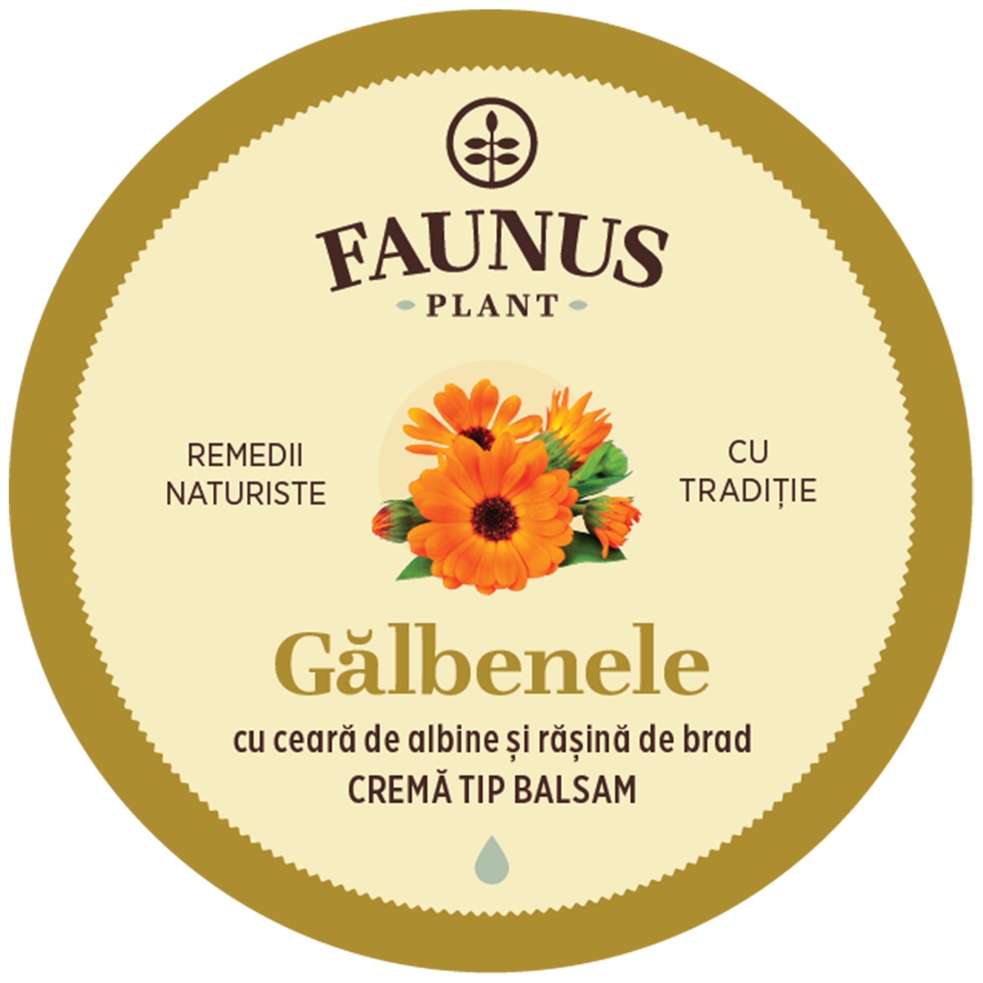 Eticheta capacului unguentului Gălbenele 50 ml de la Faunus Plant, design cu detalii galbene și imagine cu flori de gălbenele, descriind produsul natural pentru regenerarea pielii. Cu ceară de albine și rășină de brad. Cremă tip balsam. Inscripționată cu „Remedii Naturiste” și „Cu Tradiție”.