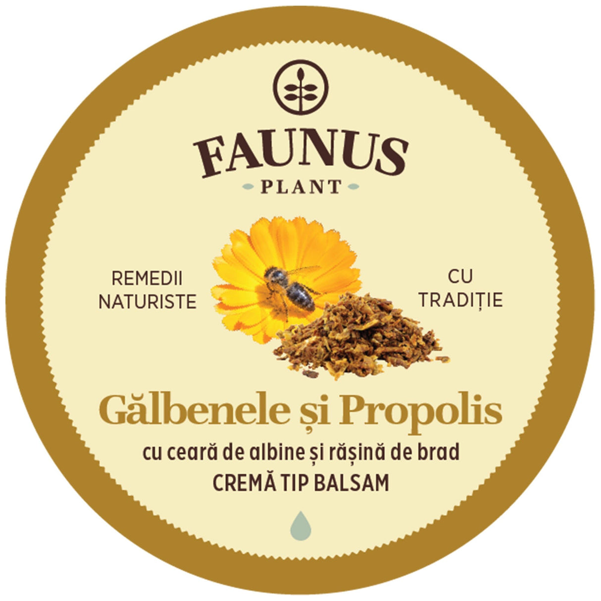 Eticheta capacului produsului Gălbenele și Propolis include ilustrația florii de gălbenele și a propolisului, împreună cu logo-ul Faunus Plant și mesajul „Cu Tradiție”. Cu ceară de albine și rășină de brad. Cremă tip balsam.
