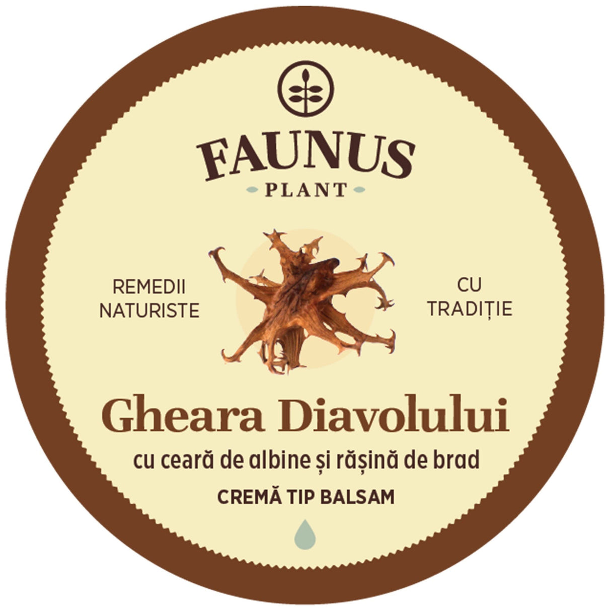 Eticheta capacului Unguent Gheara Diavolului 50ml de la Faunus Plant, cu design maro deschis și ilustrație a rădăcinii Gheara Diavolului. Eticheta specifică faptul că este un remediu naturist cu tradiție. Cu ceară de albine și rășină de brad. Cremă tip balsam.