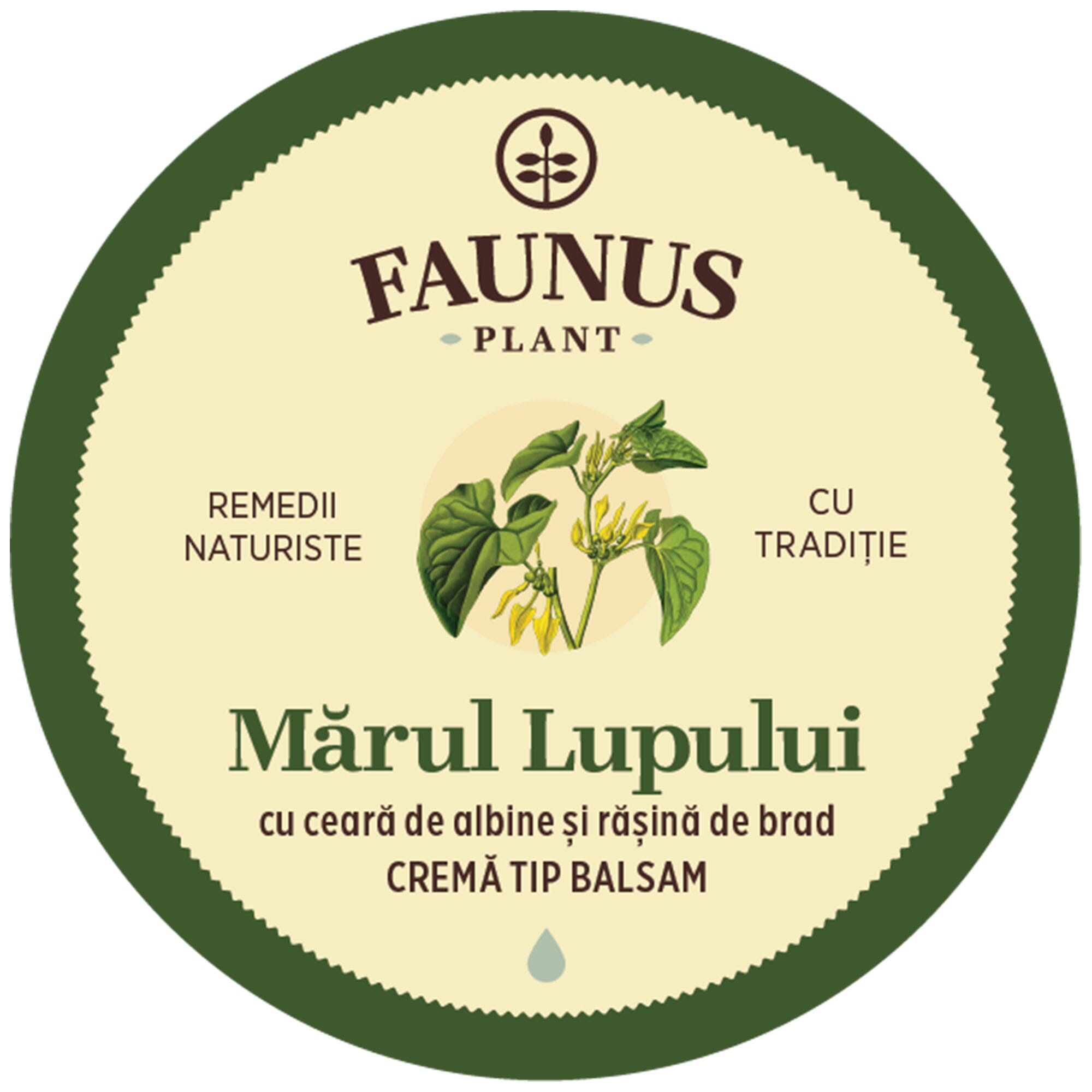 Imagine cu eticheta de pe capacul Unguentului Mărul Lupului 50ml de la Faunus Plant care arată logo Faunus Plant, o reprezentare grafică a plantei Mărul Lupului. Cu ceară de albine și rășină de brad. Cremă tip balsam.