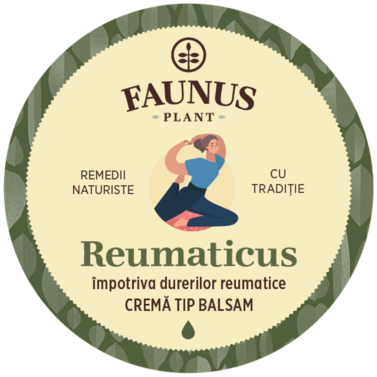 Imagine cu eticheta de pe capacul Unguentului Reumaticul 50ml de la Faunus Plant care arată logo Faunus Plant, o reprezentare grafică a unei persoane flexibile, numele produsului, apoi cărei afecțiuni i se adresează, dar și menționarea faptului că unguentul este o cremă de tip balsam.