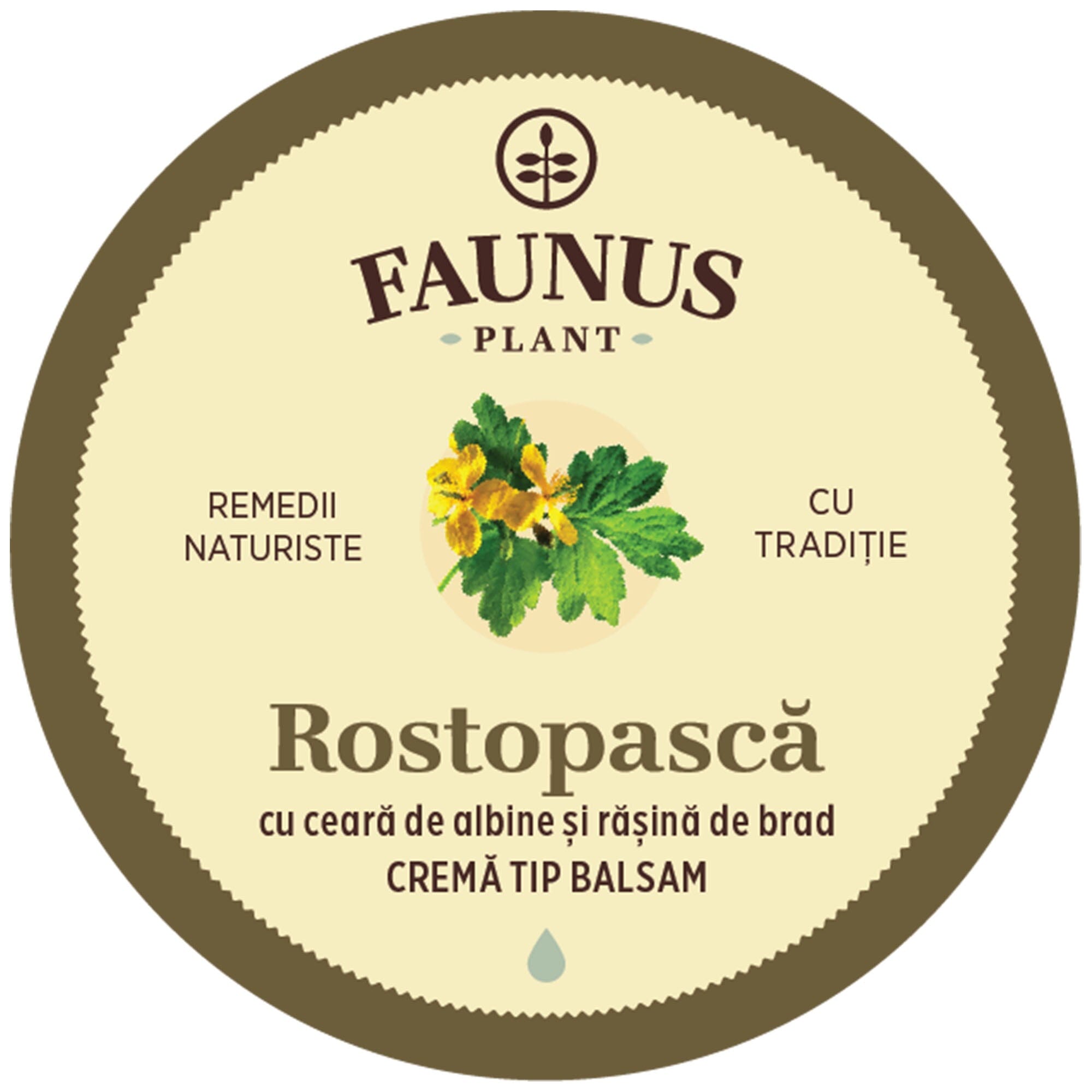 Imagine cu eticheta de pe capacul Unguentului Rostopască 50ml de la Faunus Plant care arată logo Faunus Plant, o reprezentare grafică a plantei rostopască. Cu ceară de albine și rășină de brad. Cremă tip balsam.