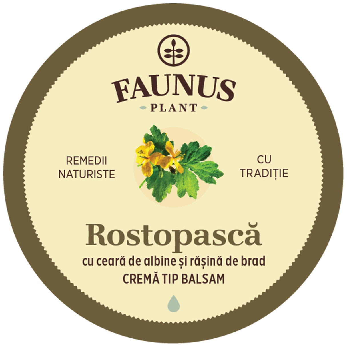 Imagine cu eticheta de pe capacul Unguentului Rostopască 50ml de la Faunus Plant care arată logo Faunus Plant, o reprezentare grafică a plantei rostopască. Cu ceară de albine și rășină de brad. Cremă tip balsam.