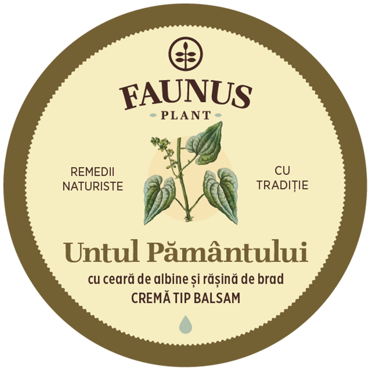 Imagine cu eticheta de pe capacul Unguentului Untul Pământului 50ml de la Faunus Plant care arată logo Faunus Plant, o reprezentare grafică a plantei Untul-Pământului. Cu ceară de albine și rășină de brad. Cremă tip balsam.