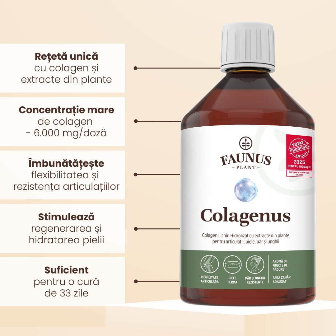 Colagenus - Colagen lichid hidrolizat. Flacon 500ml. Susține sănătatea articulațiilor, pielii, părului și unghiilor Supliment alimentar Faunus Plant
