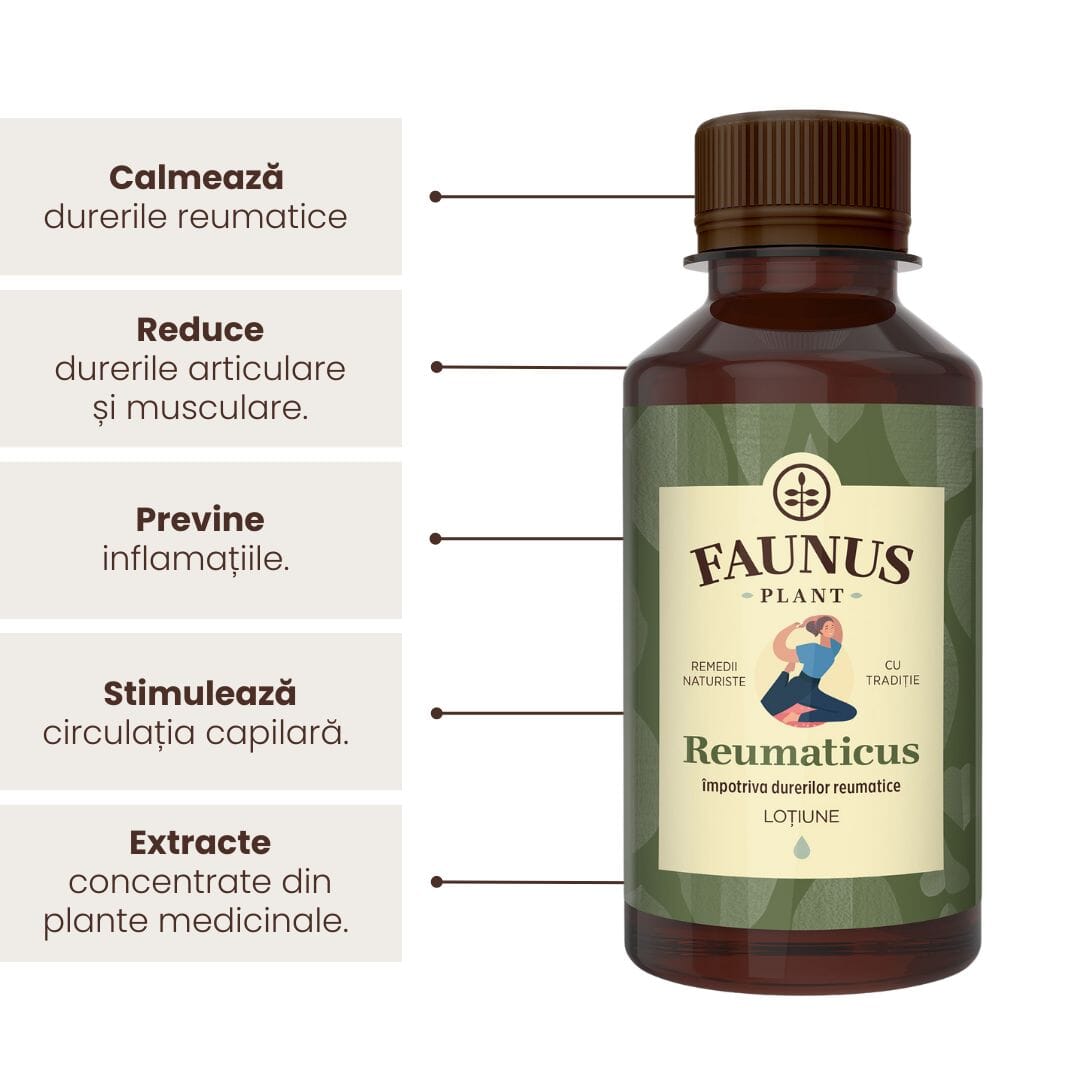 Flaconul de Lotiune Reumaticus de la Faunus Plant este prezentat cu o listă de beneficii care subliniază efectele sale naturale: calmarea durerilor reumatice, prevenirea inflamațiilor și stimularea circulației capilare.