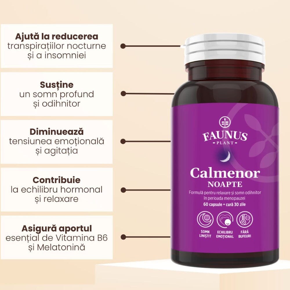 Flacon capsule Calmenor Noapte de la Faunus Plant fotografiat din față, având alături beneficiile ilustrate grafic: reducerea transpirațiilor nocturne, somn profund, reduce tensiunea emoțională, echilibru hormonal, aport de vitamina B6 și melatonină.