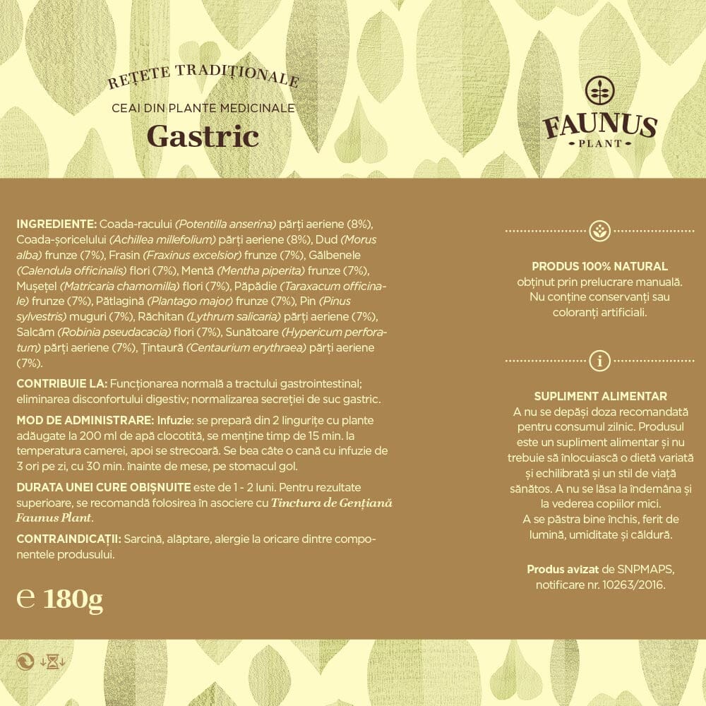 Etichetă detaliată din spatele cutiei de Ceai Gastric 180g Faunus Plant, cu informații despre ingrediente, mod de administrare, contraindicații, durata curei și recomandări.
