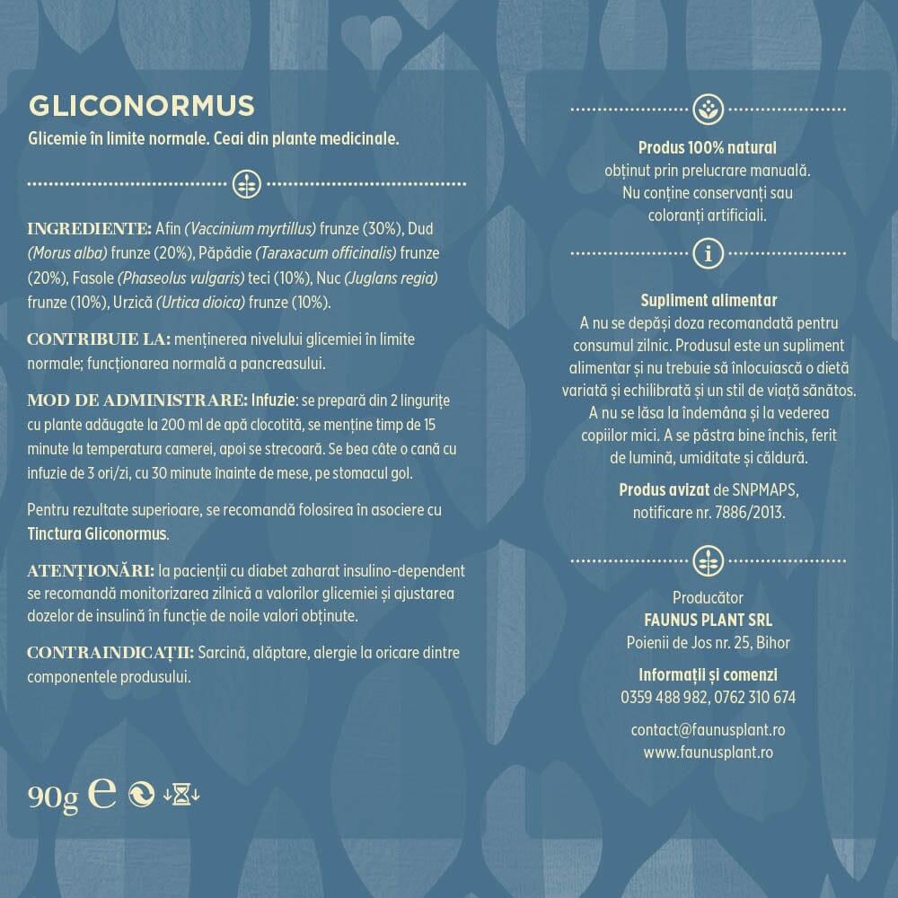 Etichetă desfășurată spate: Etichetă desfășurată a Ceaiului Gliconormus 90g de la Faunus Plant, afișând ingredientele, contribuția la menținerea glicemiei în limite normale, modul de administrare și contraindicațiile produsului. Ingrediente: frunze de Afin (30%), Dud (20%), frunze de Păpădie (20%), teci de Fasole (10%), frunze de Nuc (10%), Urzică (10%).