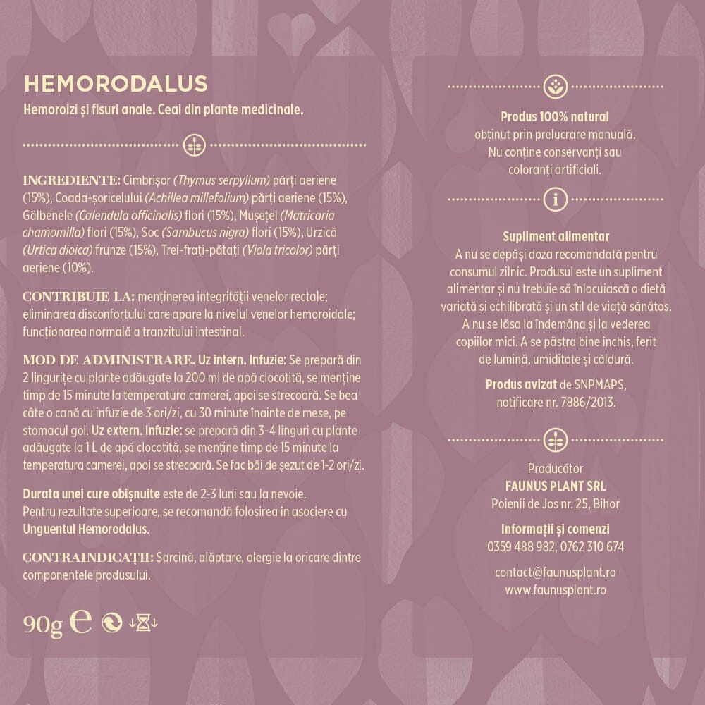 Etichetă desfășurată spate: Etichetă desfășurată a Ceaiului Hemorodalus 90g de la Faunus Plant, afișând ingredientele, modul de administrare, beneficiile pentru sănătatea ano-rectală și contraindicațiile produsului. Ingrediente: Cimbrișor părți aeriene, Coada-șoricelului părți aeriene, Gălbenele flori, Mușețel flori, Soc flori, Urzică frunze, Trei-frați-pătați părți aeriene.