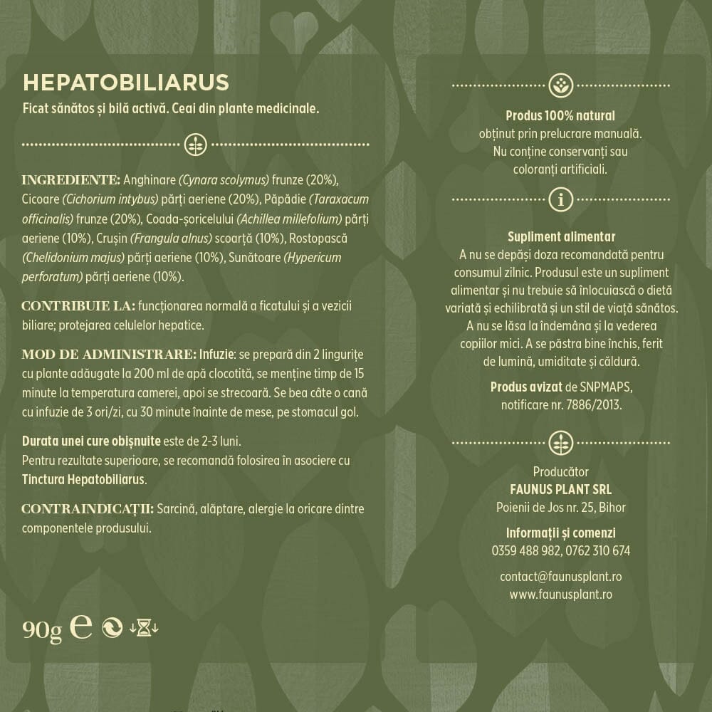 Eticheta desfășurată a spatelui cutiei de Ceai Hepatobiliarus 90g de la Faunus Plant. Include lista completă a ingredientelor, detalii despre administrare și certificarea calității.