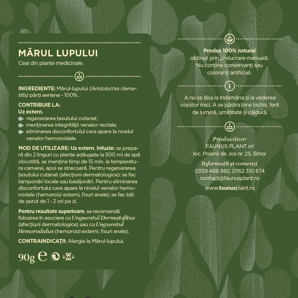 Eticheta desfășurată de pe spatele ambalajului ceaiului "Mărul Lupului" de la Faunus Plant, conținând detalii despre ingrediente (100% Mărul-lupului), mod de utilizare extern și recomandări pentru regenerarea țesutului cutanat și eliminarea disconfortului la nivelul venelor hemoroidale.