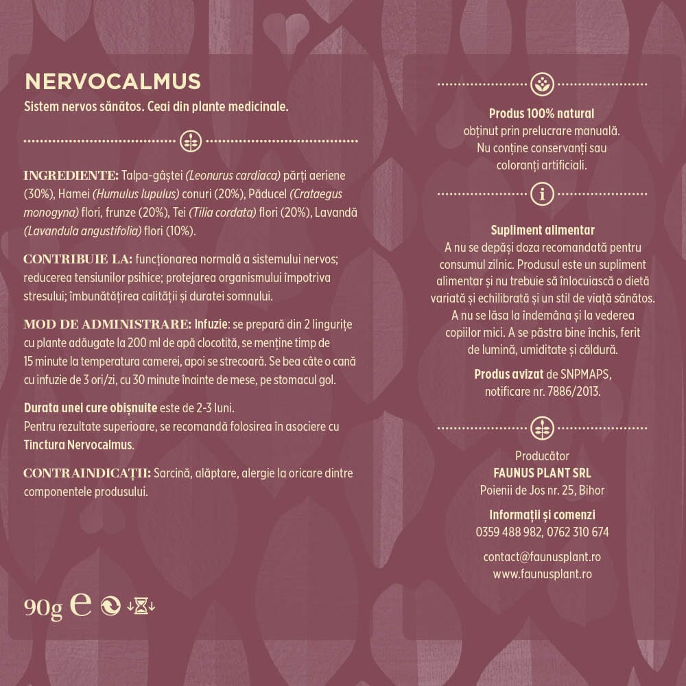 Eticheta desfășurată spate: Etichetă desfășurată pentru Ceaiul Nervocalmus, conținând informații detaliate despre ingrediente, modul de utilizare, beneficii și certificare TÜV Austria.