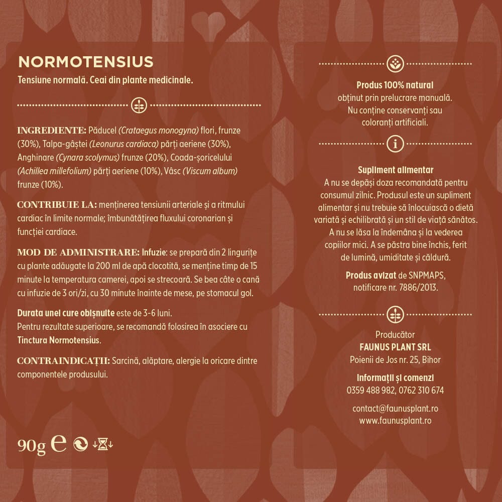Eticheta desfășurată a cutiei de ceai "Normotensius", care prezintă informații detaliate despre ingrediente, modul de administrare și beneficiile produsului pentru sănătatea cardiovasculară. Conține doar ingrediente naturale, fără conservanți sau coloranți artificiali.