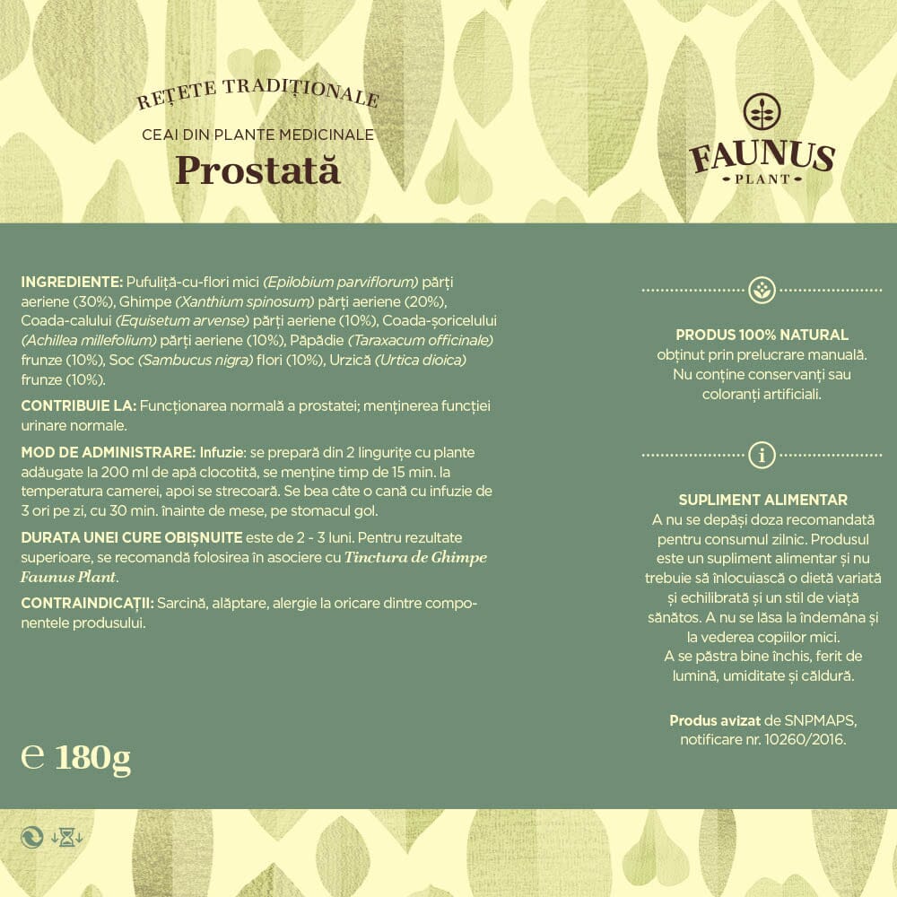 Eticheta desfășurată spate a Ceaiului Prostată 180g de la Faunus Plant, prezentând compoziția completă, beneficiile produsului și instrucțiunile de administrare.