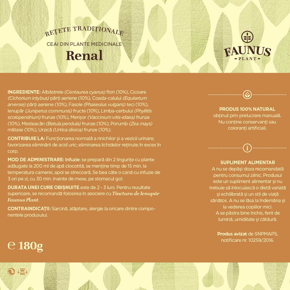 Eticheta desfășurată a spatelui ambalajului Ceaiului Renal de la Faunus Plant, detaliind compoziția, modul de administrare și contraindicațiile produsului, într-un format clar și organizat.