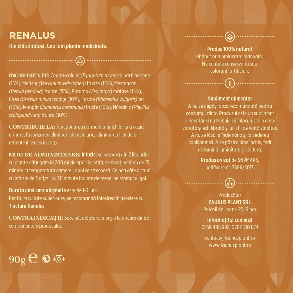 Eticheta desfășurată, partea din spate a ceaiului Renalus 90g de la Faunus Plant, cu detalii despre ingredientele naturale, instrucțiuni de utilizare, și avertizări pentru consumatori.