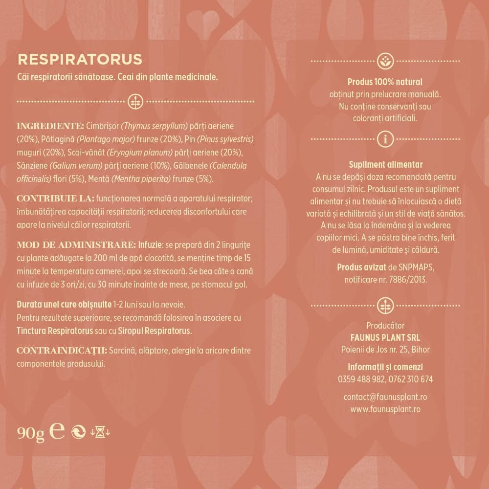Eticheta spate desfășurată a Ceaiului Respiratorus 90g de la Faunus Plant, cu detalii despre ingredientele naturale, mod de administrare și contraindicații, alături de informații despre producător.