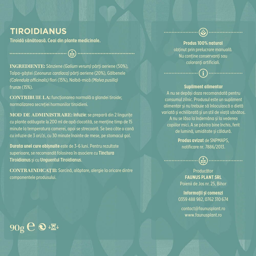 Eticheta desfășurată a Ceaiului Tiroidianus 90g de la Faunus Plant, afișând compoziția ingredientelor, instrucțiunile de utilizare, contraindicațiile și certificările produsului.
