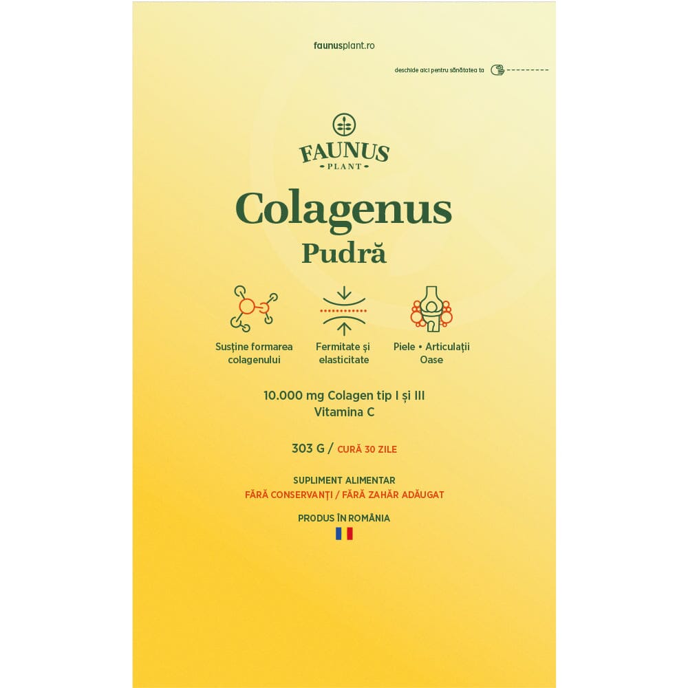 Colagenus Pudră - Colagen hidrolizat concentrat. 10.000 mg tip 1 și tip 3 cu vitamina C. Susține sănătatea articulațiilor, pielii și oaselor. Pudră 303g Pudra Faunus Plant