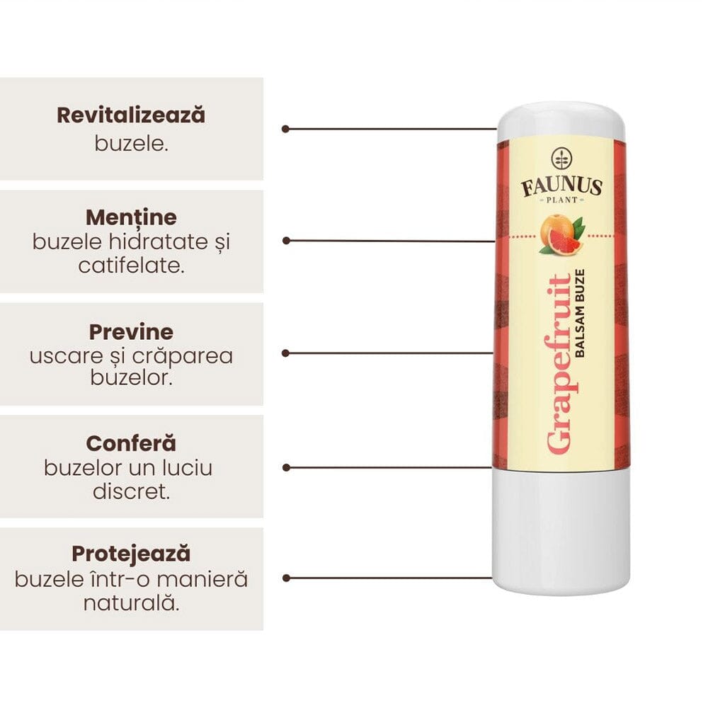 Balsam de Buze Grapefruit de la Faunus Plant, alături de o listă de beneficii precum revitalizarea buzelor, menținerea hidratării și catifelării, prevenirea uscării, oferirea unui luciu discret și protejarea buzelor într-un mod natural.