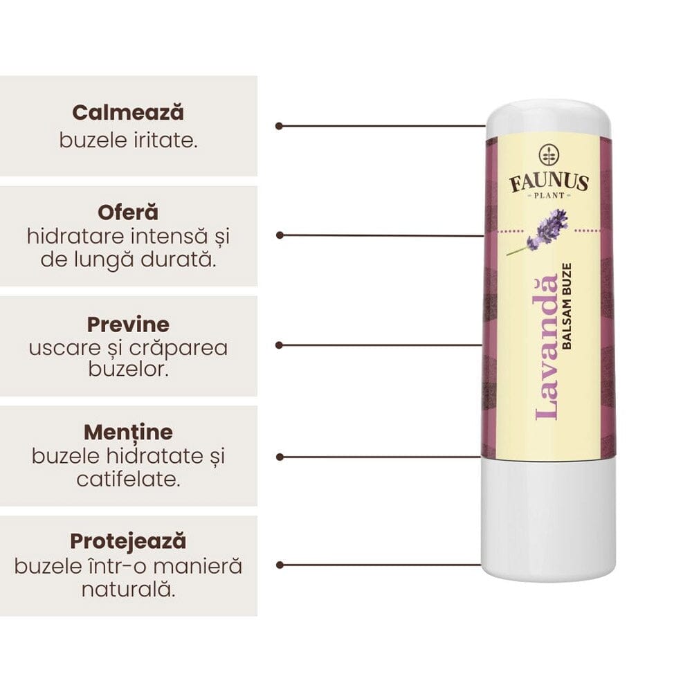 Balsam de Buze Lavandă de la Faunus Plant, alături de o listă de beneficii precum calmarea buzelor iritate,hidratarea buzelor, prevenirea uscării, și protejarea buzelor într-un mod natural.