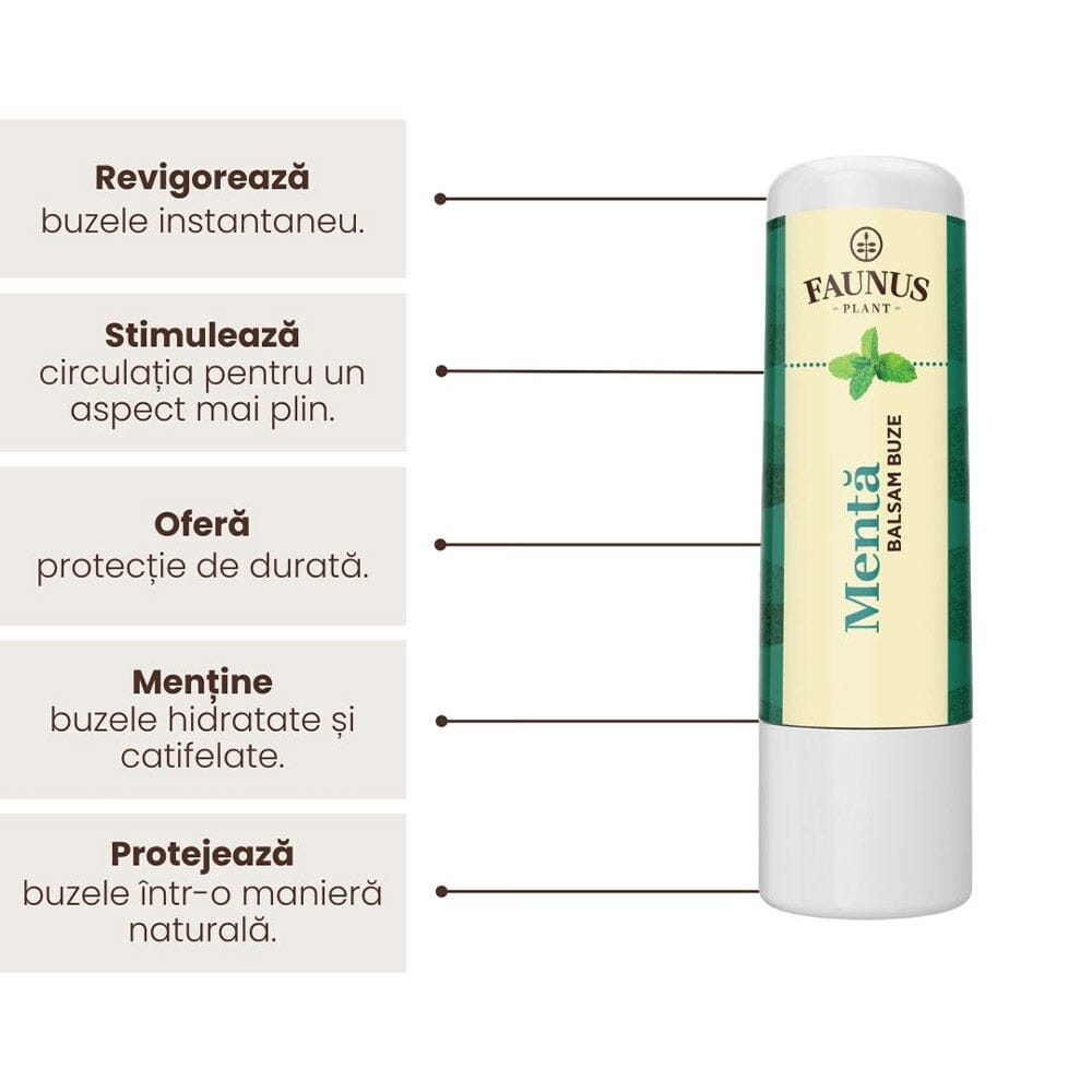 Balsam de Buze Mentă de la Faunus Plant, alături de o listă de beneficii precum revitalizarea buzelor, menținerea hidratării și catifelării, prevenirea uscării, oferirea unui luciu discret și protejarea buzelor într-un mod natural.