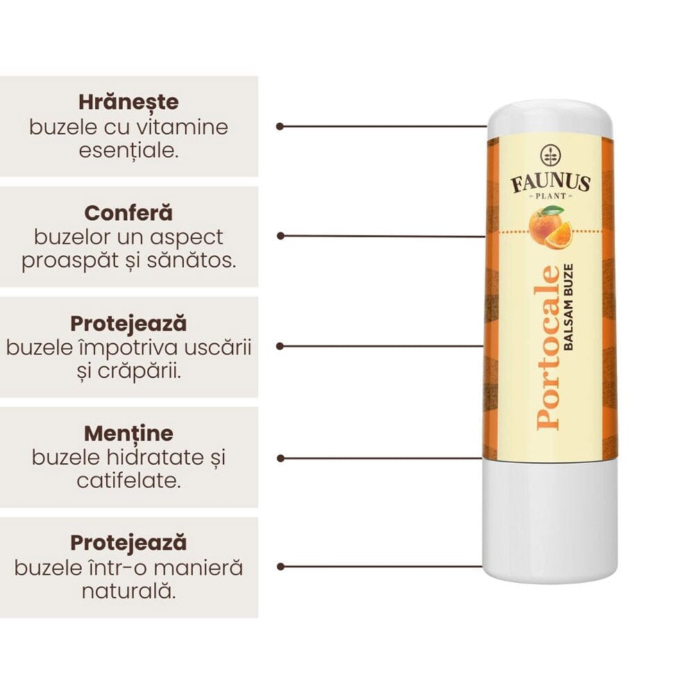 Balsam de Buze cu Portocale de la Faunus Plant, alături de o listă de beneficii precum hrănirea buzelor cu vitamine esențiale, contribuie la un aspect proaspăt și sănătos al buzelor, protejarea împotrivra uscării și cărpării, menținerea buzelor hidratate și catifelate și protejarea buzelor într-o formă naturală.