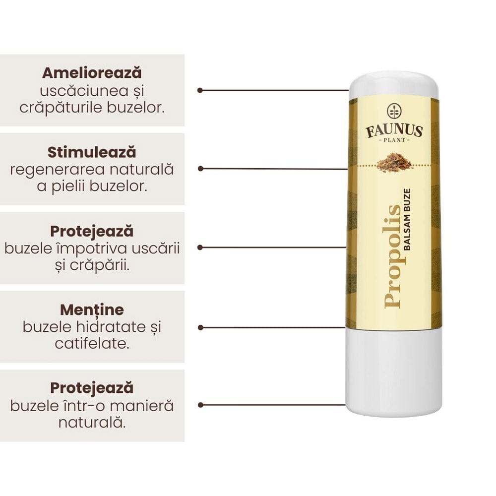 Balsam de Buze cu Propolis de la Faunus Plant, alături de o listă de beneficii precum ameliorarea uscăciunii și crăpăturilor buzelor, stimularea regenerării naturale a pielii buzelor, protejarea buzelor împotriva uscării și crăpării, menținerea buzelor hidratate și catifelate, respectiv protejarea buzelor într-o formă naturală.