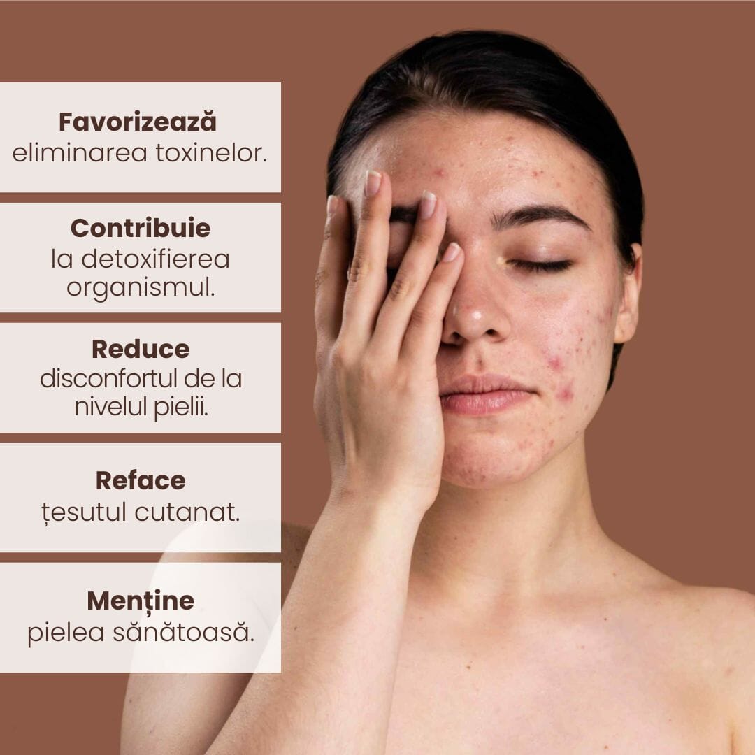 Text ce evidențiază beneficiile Pachetului Acnee și Eczeme de la Faunus Plant: favorizează eliminarea toxinelor, contribuie la detoxifierea organismului, reduce disconfortul pielii, reface țesutul cutanat și menține pielea sănătoasă.
