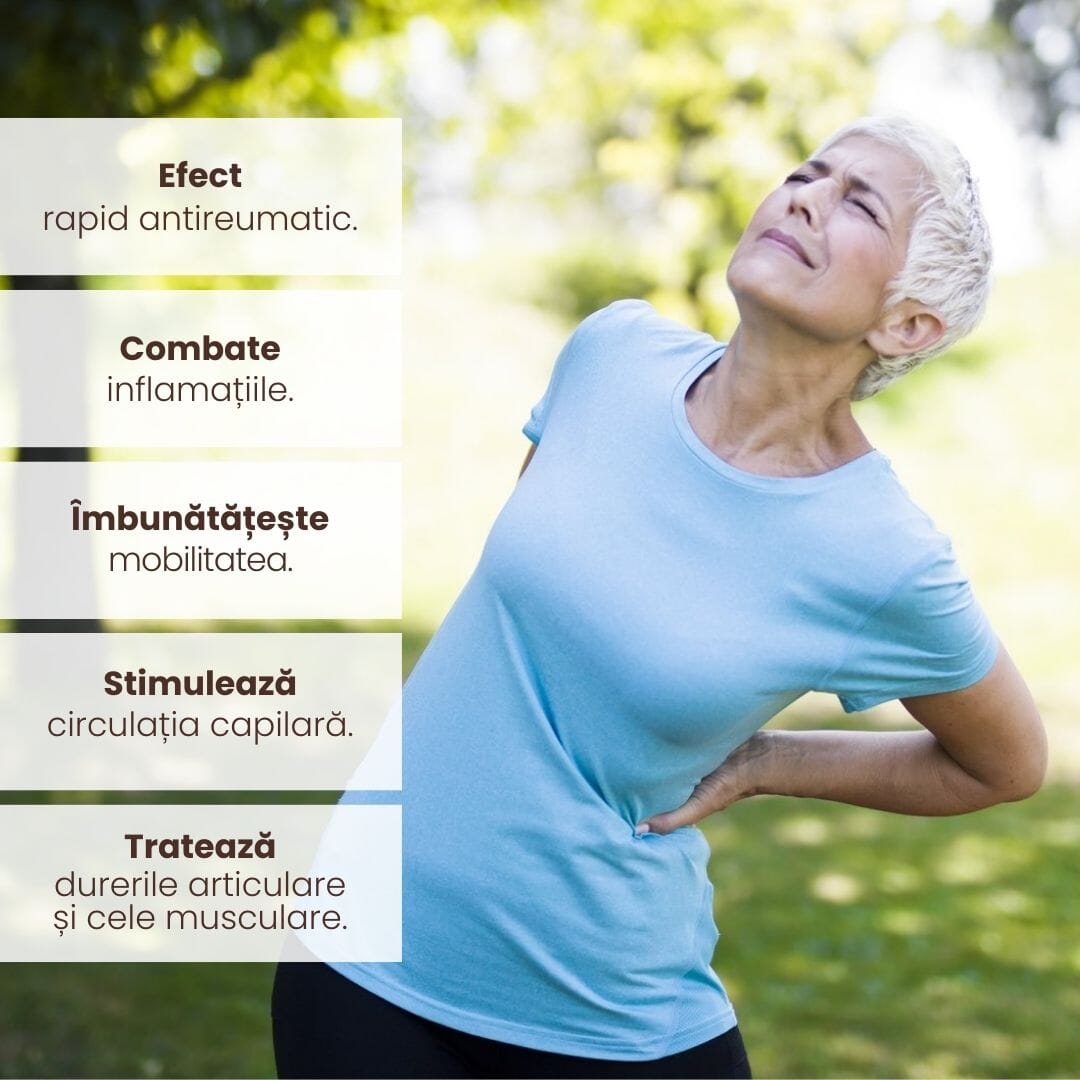 Imagine ce listează beneficiile pachetului Reumaticus de la Faunus Plant, cu un fundal ce arată o femeie matură care face exerciții fizice în aer liber. Beneficiile includ efect antiinflamator, stimularea circulației și ameliorarea durerilor musculare și articulare.