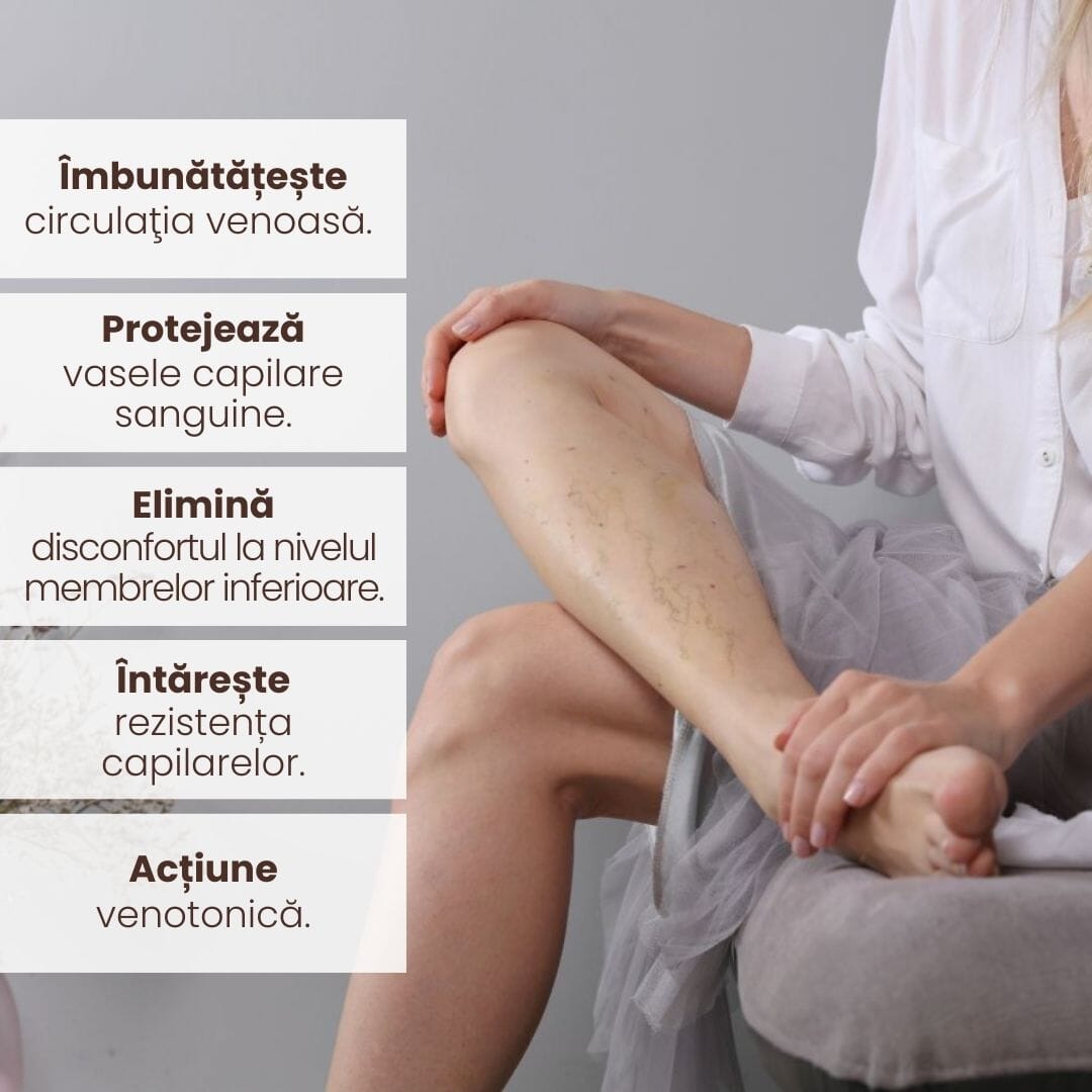 Grafică ce evidențiază beneficiile Pachetului Picioare Sănătoase și Frumoase de la Faunus Plant: îmbunătățește circulația venoasă, protejează vasele capilare, elimină disconfortul membrelor inferioare, întărește rezistența capilarelor și acțiune venotonică.