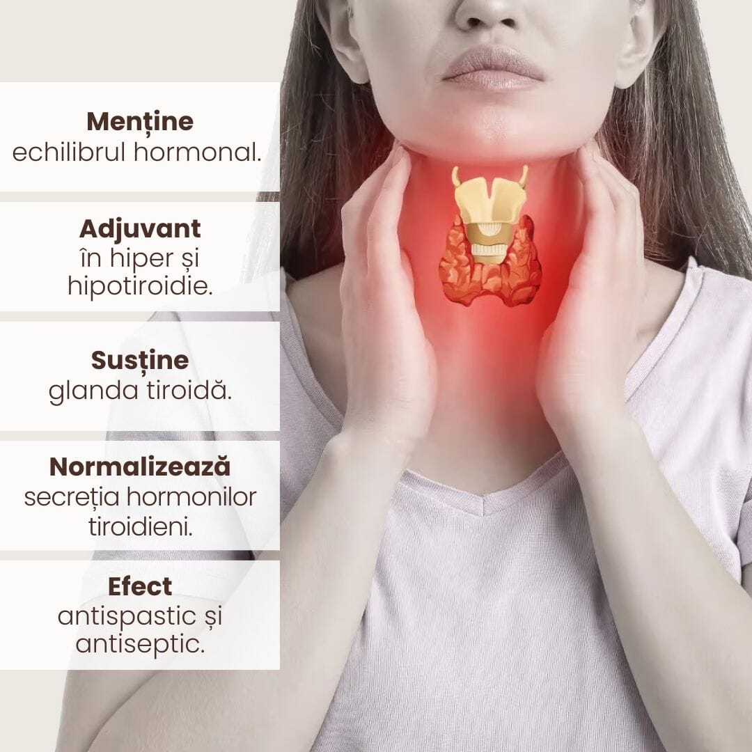 Imagine informativă despre beneficiile produselor Tiroidianus de la Faunus Plant, incluzând menținerea echilibrului hormonal, susținerea glandei tiroide și efectele antiseptice.