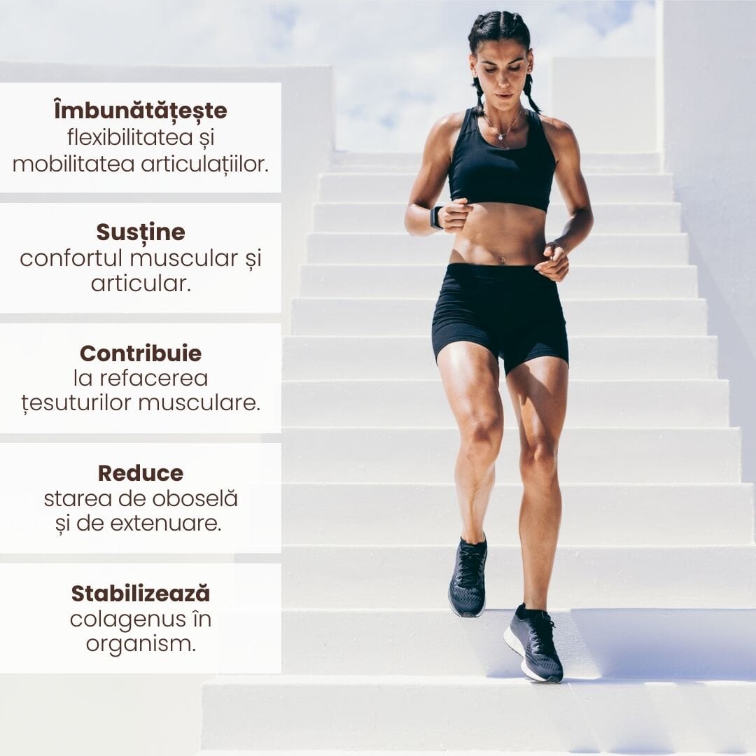 Avantajele Pachetului Performanță Fizică de la Faunus Plant, listate sub formă grafică unul sub altul, având pe fundal o femeie în costum de fitness care coboară scările