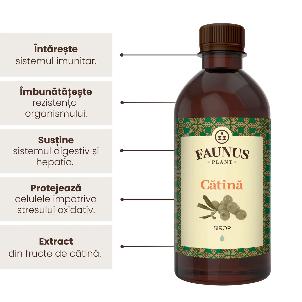 Sirop de Cătină de la Faunus Plant de 500 ml, alături de o listă de beneficii precum întărirea sistemului imunitar, îmbunătățirea rezistenței organismului, susținerea sistemului digestiv și hepatic, protejarea celulelor împotriva stresului oxidativ, precum și faptul că suplimentul are extract din fructe de cătină.