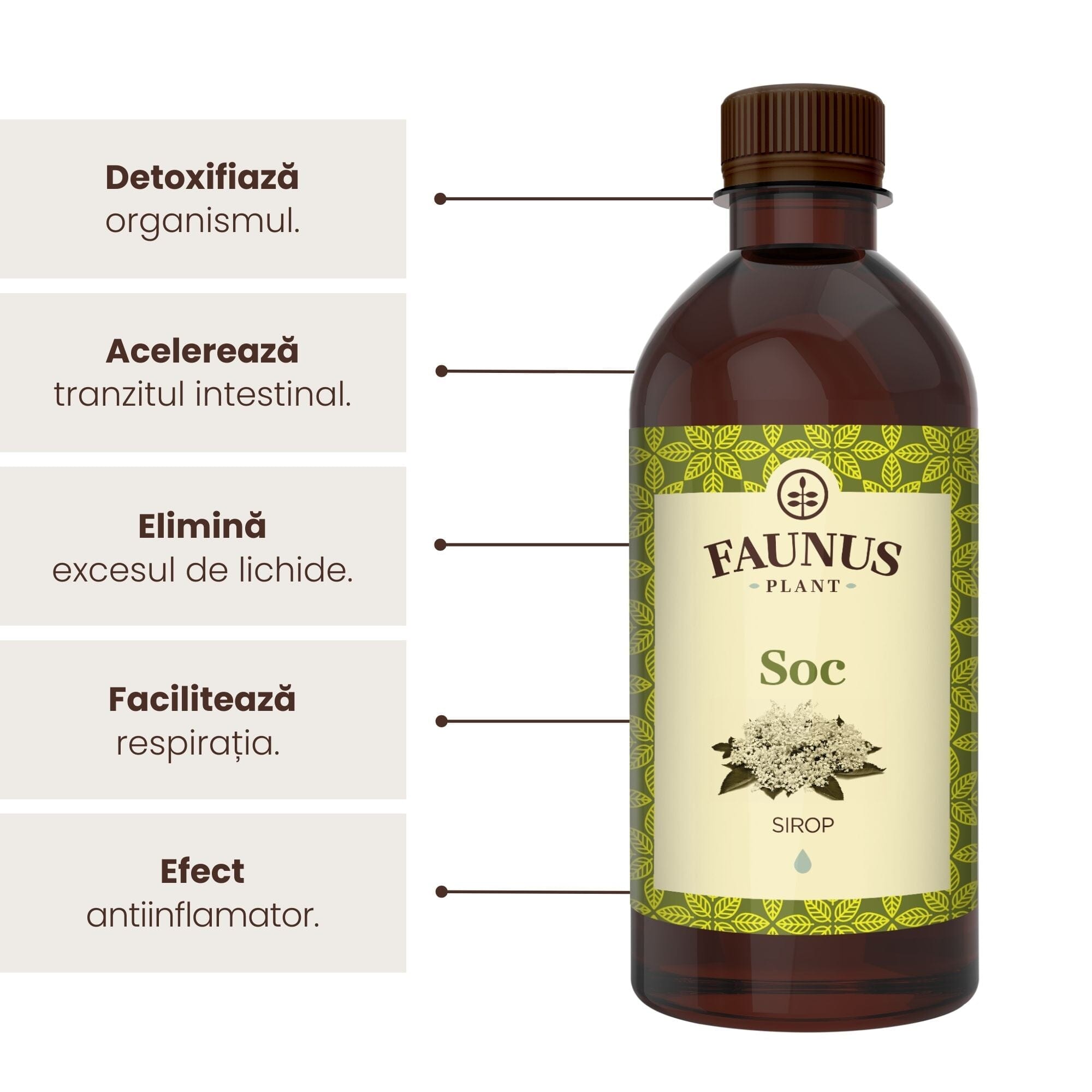 Beneficiile principale ale Siropului de Soc 500ml de la Faunus Plant: contribuie la detoxifierea organismului, accelerează tranzitul instestinal, elimină excesul de lichide, facilitează respirația și are efect antiinflamator.