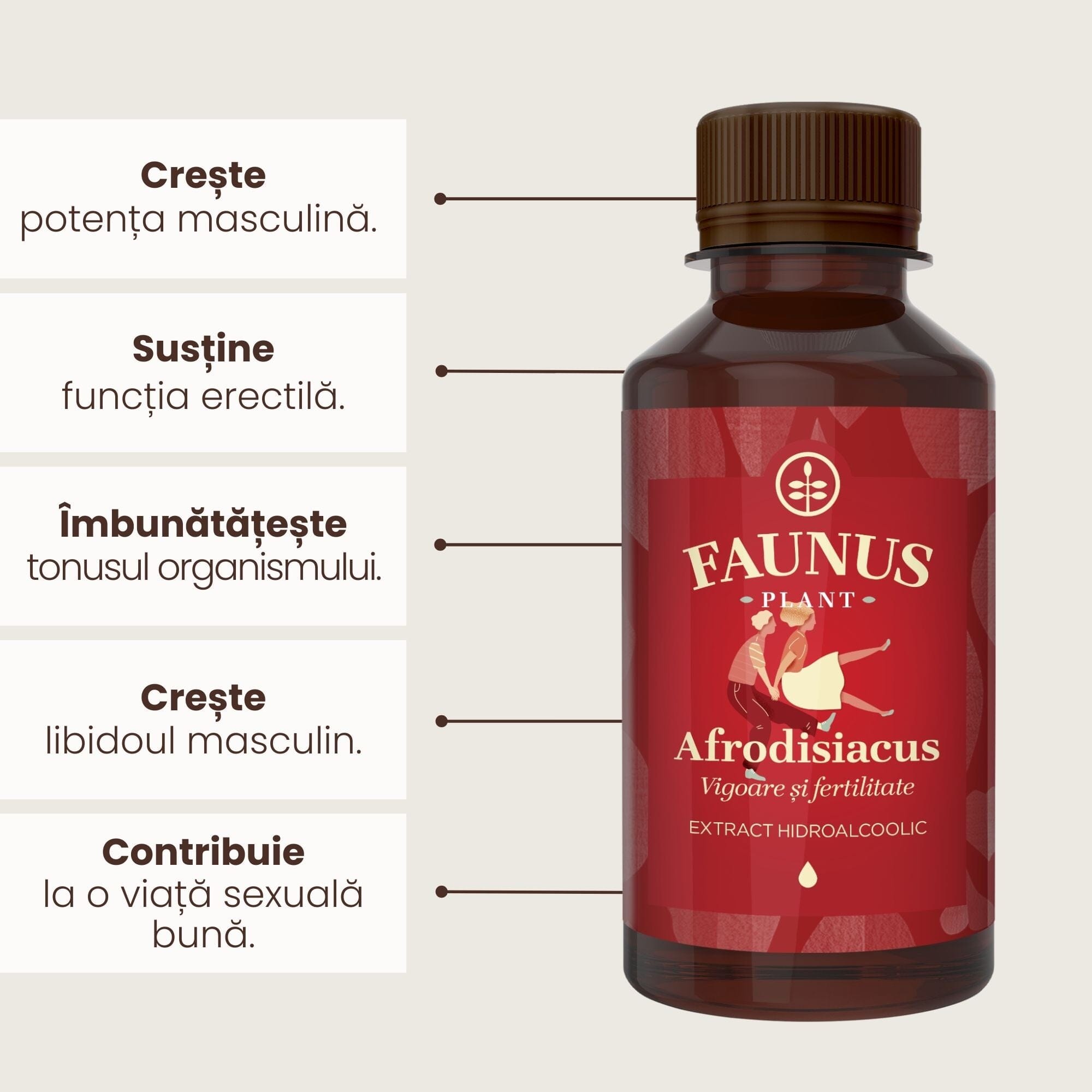 Beneficii principale ale Tincturii Afrodisiacus 200 ml de la Faunus Plant precum: creșterea potenței masculine, susținerea funcției erectile, îmbunătățirea tonusului organismului, creșterea libidoului masculin și îmbunătățirea vieții sexuale.