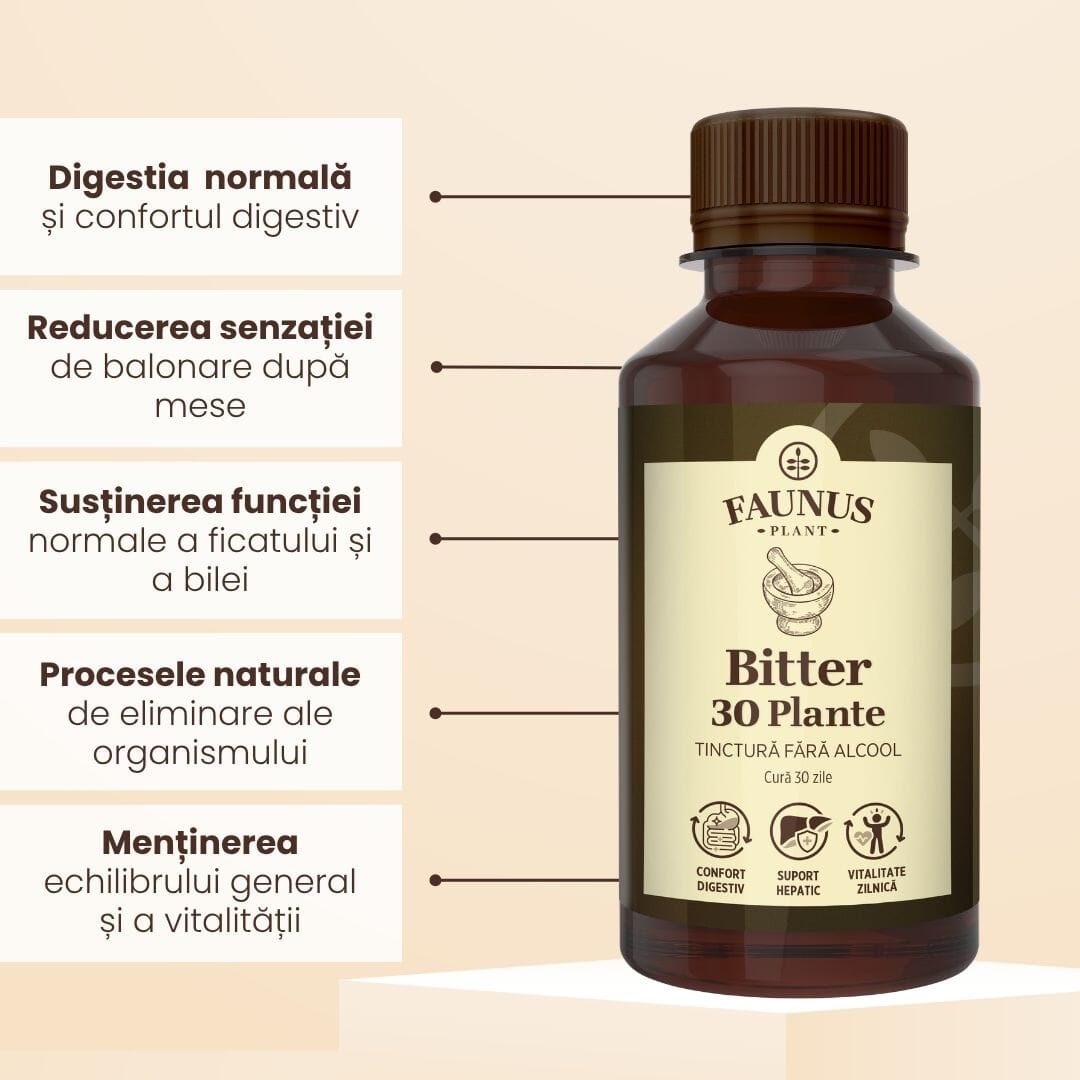 Bitter 30 plante - Tinctură fără alcool. Flacon 200ml. Formulă specială din 30 de plante medicinale cu efect tonic digestiv, tonifiant general si vitaminizant Tinctura Compusa Faunus Plant