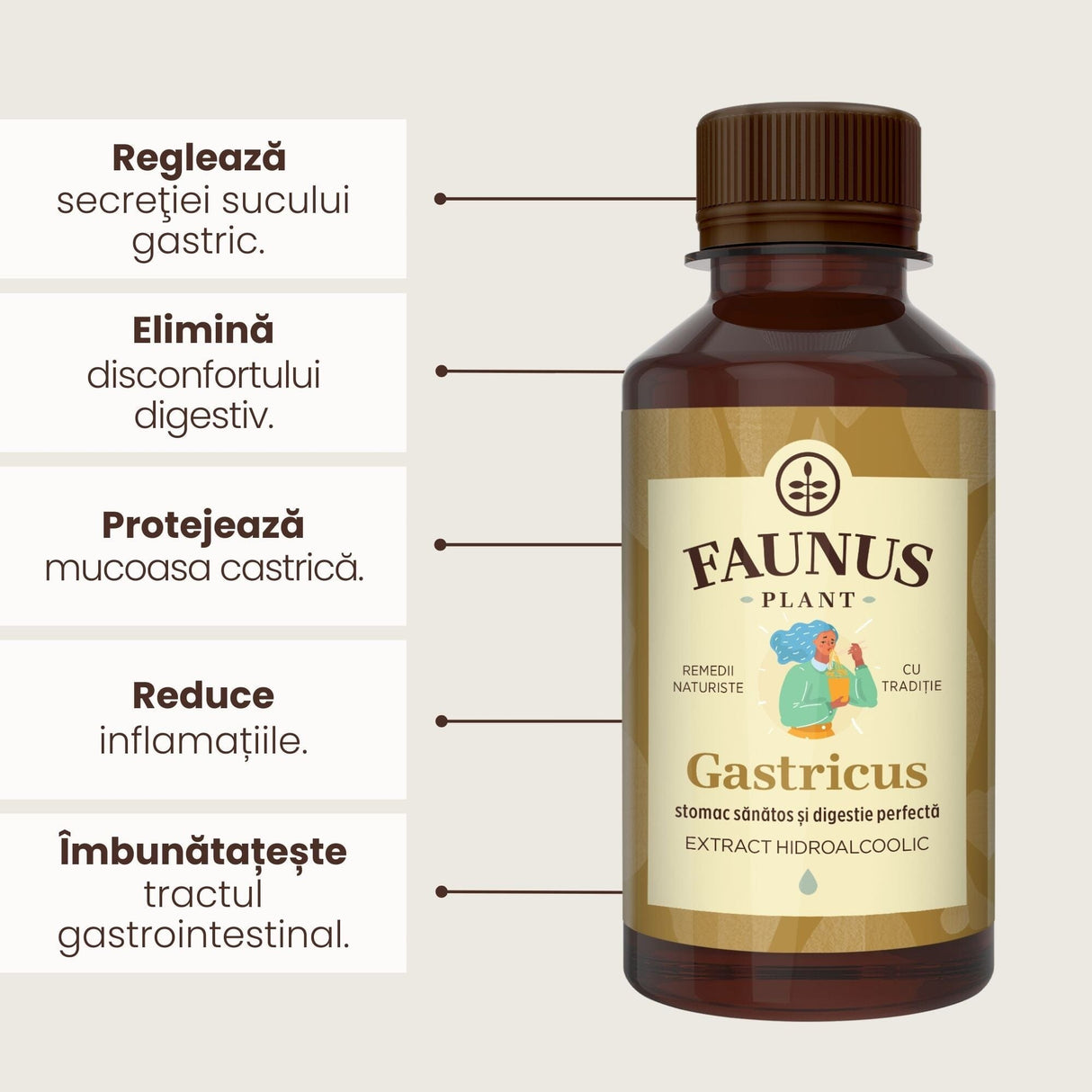 Beneficii principale Tinctură Gastricus 200 ml de la Faunus Plant precum:  reglarea secreției sucului gastric, eliminarea disconfortului digestiv, protejarea mucoasei castrice, reducerea inflamației și îmbunătățirea tractului gastrointestinal.