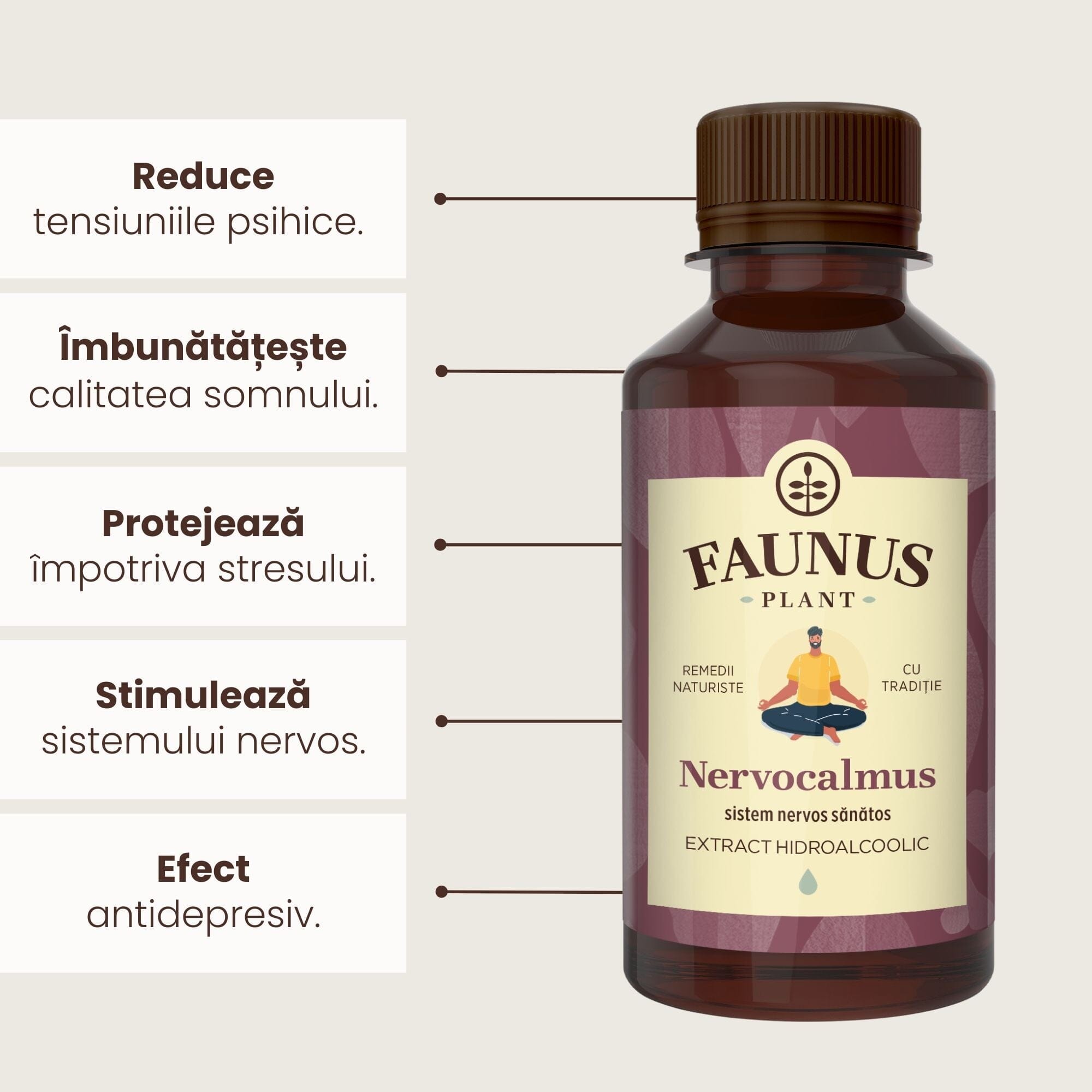 Beneficii principale Tinctură Nervocalmus 200 ml de la Faunus Plant precum: reducerea tensiunii psihice, îmbunătățirea calității somnului, protejarea împotriva stresului, stimularea sistemului nervos și este un bun antidepresiv.