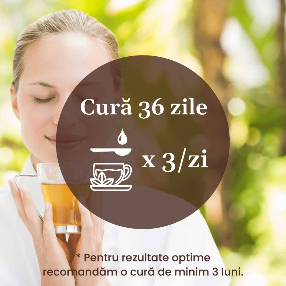 Imagine cu text despre modul de administrare al produsului Renalus de la Faunus Plant, recomandând o cură de 36 de zile, 3 doze pe zi. Fundalul prezintă o femeie care savurează o cană de ceai, sugerând relaxarea și efectele benefice.