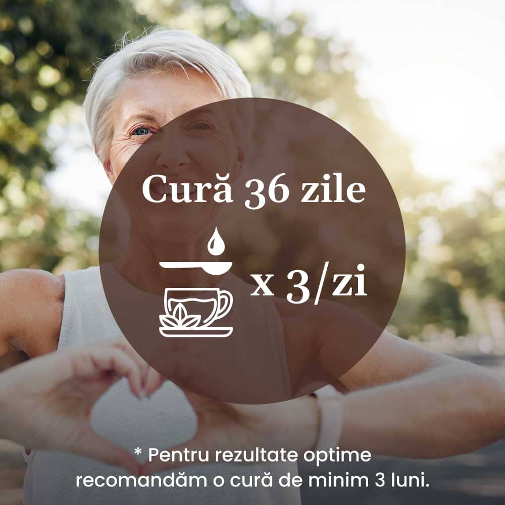 Grafică explicativă pentru modul de administrare al Pachetului Colesterolus de la Faunus Plant: cură de 36 zile, de 3 ori pe zi, recomandare pentru o utilizare de minim 3 luni pentru rezultate optime.
