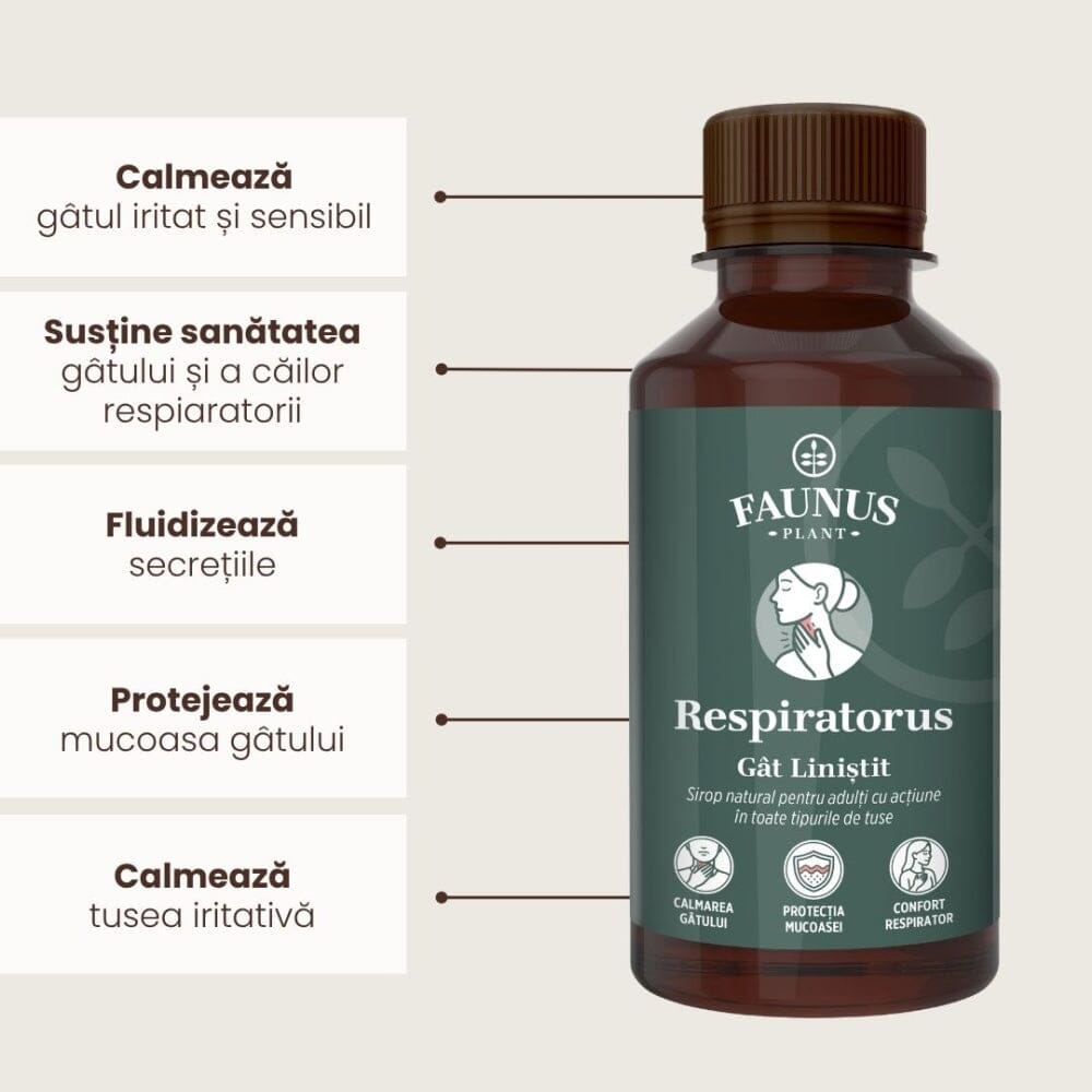 Respiratorus Gât Liniștit – Sirop pentru tuse cu rol emolient și calmant pentru gâtul iritat. Flacon 200ml Sirop cu miere Faunus Plant