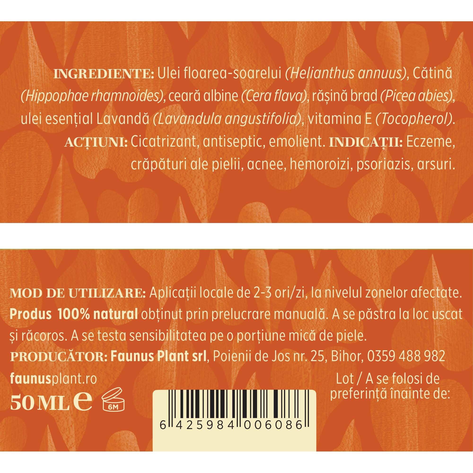 Etichetă desfășurată a produsului Unguent Cătină 50ml. Conține lista de ingrediente: ulei de floarea-soarelui (Helianthus annuus), cătină (Hippophae rhamnoides), ceară de albine (Cera flava), rășină de brad (Picea abies), ulei esențial de lavandă (Lavandula angustifolia), vitamina E (Tocopherol), alături de informații despre acțiuni, indicații și mod de utilizare.