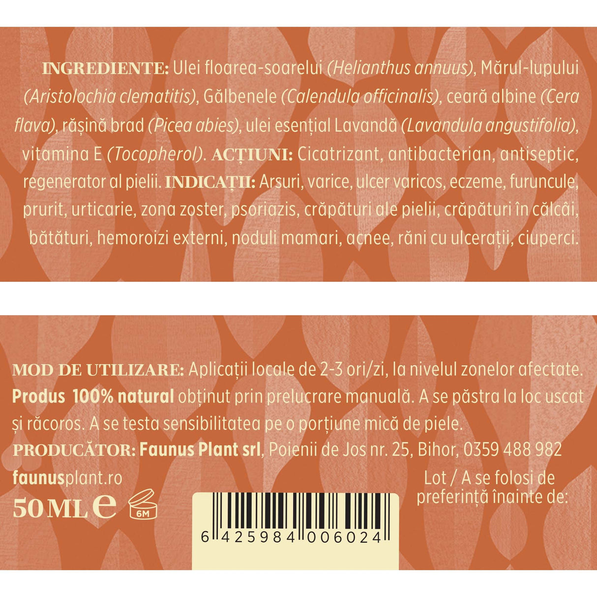 Vedere detaliată a capacului unguentului Dermatofitus 100ml de la Faunus Plant, cu design portocaliu și text ce evidențiază sănătatea pielii. Cremă tip balsam.