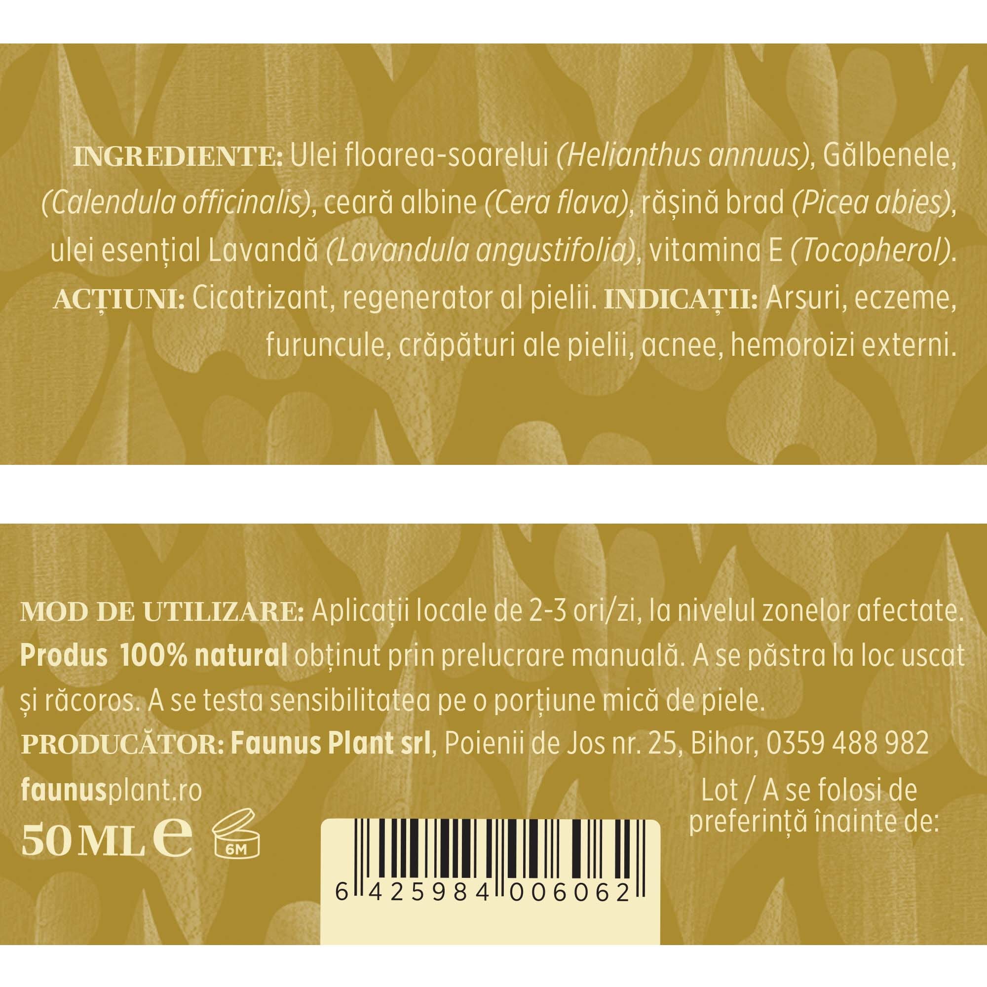 Etichetă desfășurată a unguentului Gălbenele 50 ml Faunus Plant. Ingrediente: ulei de floarea-soarelui (Helianthus annuus), gălbenele (Calendula officinalis), ceară de albine (Cera flava), rășină de brad (Picea abies), ulei esențial de lavandă (Lavandula angustifolia), vitamina E (Tocopherol). Acțiuni: cicatrizant, regenerant al pielii. Indicații: arsuri, eczeme, furuncule, crăpături ale pielii, acnee, hemoroizi externi.