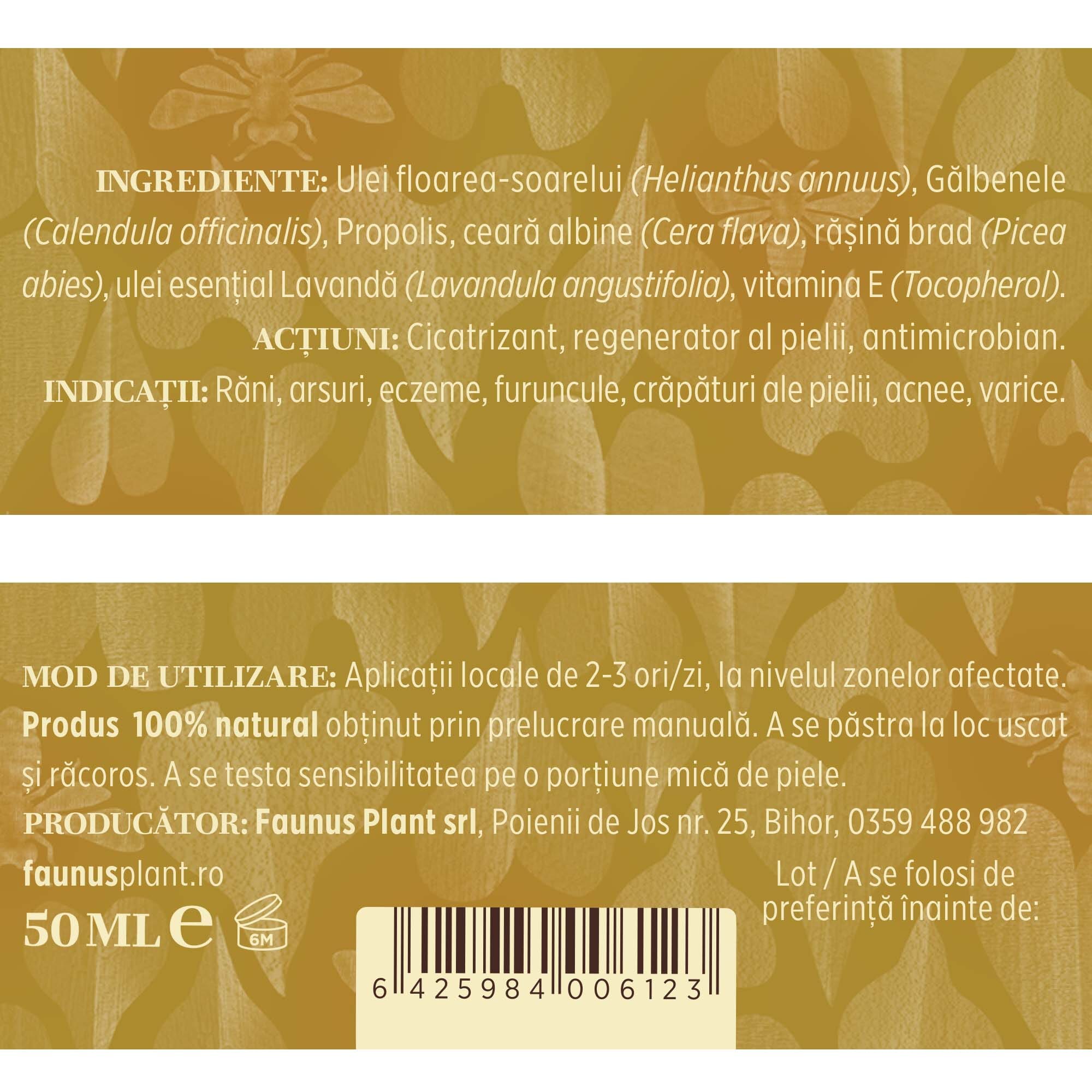 Eticheta desfășurată detaliază ingredientele produsului: Ulei floarea-soarelui (Helianthus annuus), Gălbenele (Calendula officinalis), Propolis, Ceară de albine (Cera flava), Rășină brad (Picea abies), Ulei esențial Lavandă (Lavandula angustifolia), Vitamina E (Tocopherol). Beneficii: cicatrizant, regenerant, antimicrobian.
