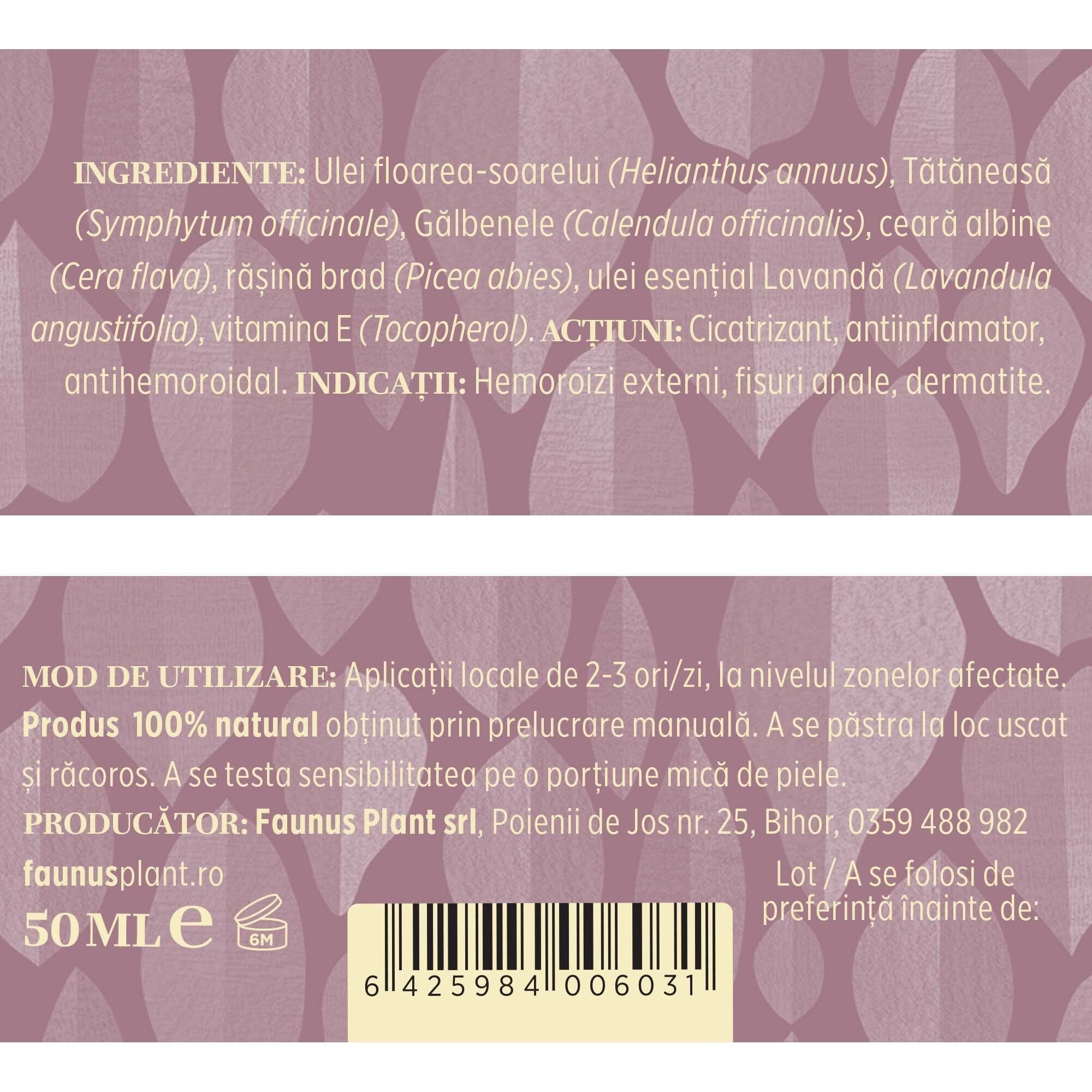 Etichetă desfășurată cu ingredientele Unguentului Hemorodalus 50 ml de la Faunus Plant, mod de administrare, condiții de păstrare și detalii despre producător.