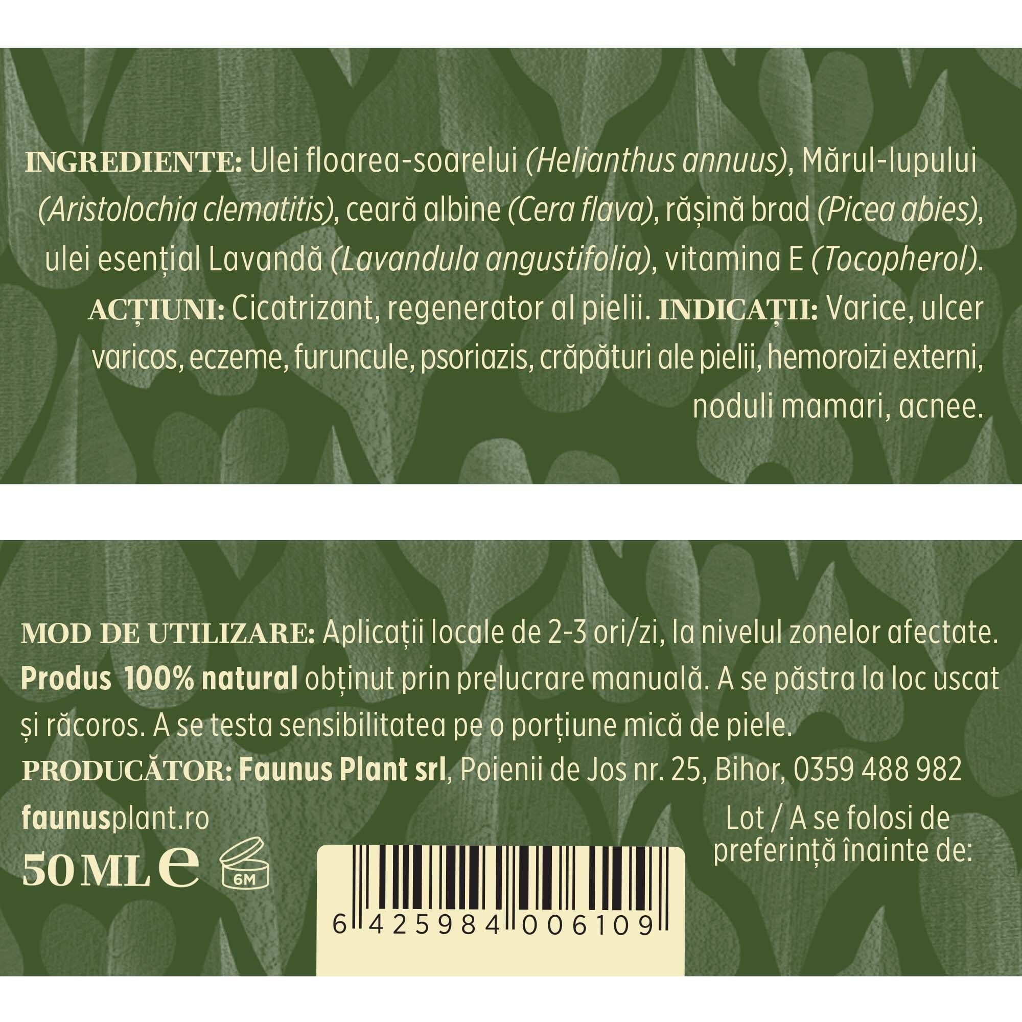 Etichetă desfășurată cu ingredientele Unguentului Mărul Lupului 50 ml de la Faunus Plant, mod de administrare, condiții de păstrare și detalii despre producător.